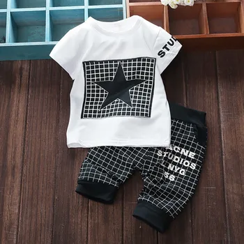 価格 ベビー服手紙スタープリントチェック柄トップス + パンツアウトフィット服セット夏新生児幼児男の子服セット