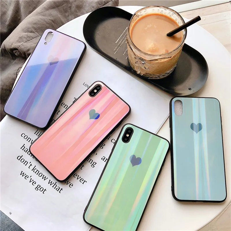 

Tempered Glass Laser Phone Case For iPhone 11 Pro Max XR X XS Max Luxury Color Love Heart Cases For iPhone 6 6s 8 7 Plus Covers