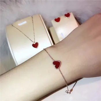 

Hot Brand Elegant Sweet Red Agate Love Heart Necklace/Bracelet/Earring Women 100% Sterling Silve Rose/Yellow Gold Color Gifts