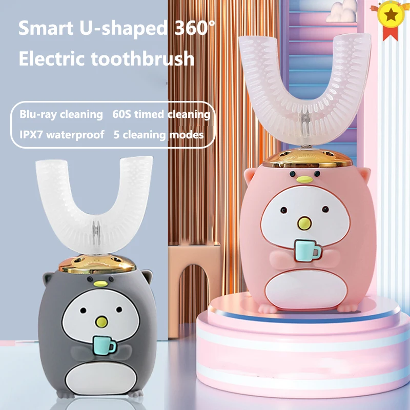 XaoMi-cepillo de dientes electrónico sónico para niños, con forma de U, recargable por USB, con patrón de dibujos animados, 5 modos de limpieza, 360 grados