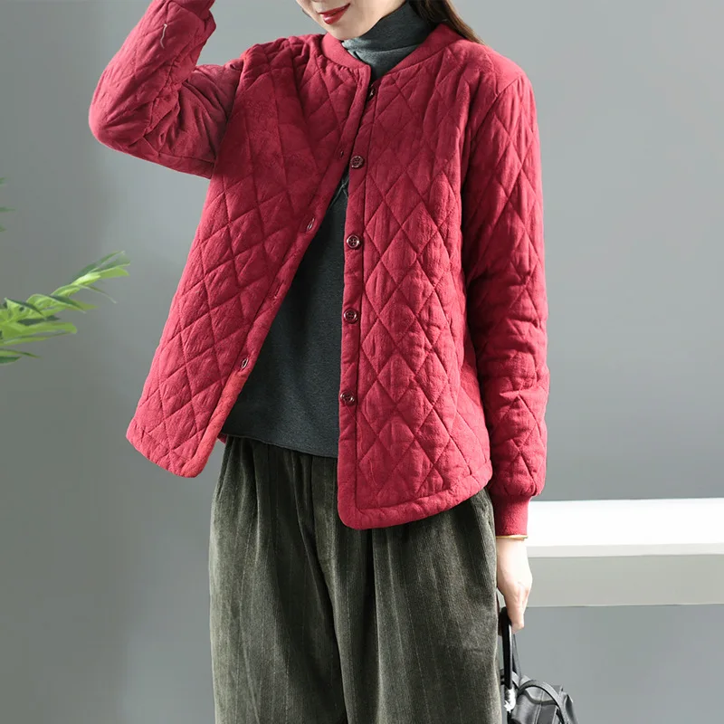 

QPFJQD Women Linen Coats 2019 Autumn Winter Vintage Jacquard Cotton Padded Parkas Loose Casual Mom Ladies Short Jacket Spring