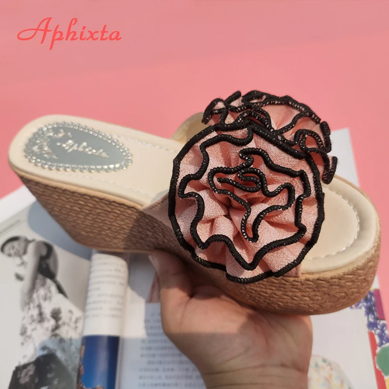Aphixta 여성용 플라워 웨지 힐 슬리퍼, 암소 스웨이드 보우, 여성 뮬러, 여성 4cm 플랫폼 샌들, 클로그 슈즈 슬라이드, 9cm