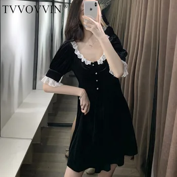

TVVOVVIN 2020 Spring Summer New Lace Round Neck Short Dress A- Line Empire Patchwork Button Mini Fashion Women's Casual A105