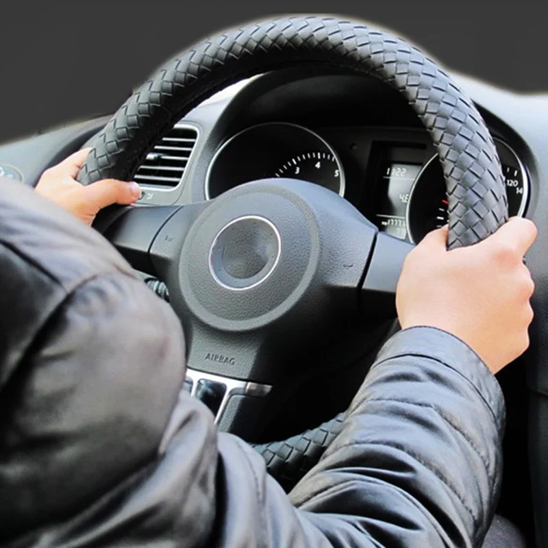 Classic Braid Leather Car Steering Wheel Cover Handmade Weave Auto Steering-wheel Covers Anti-slip Knit 36/38/40cm