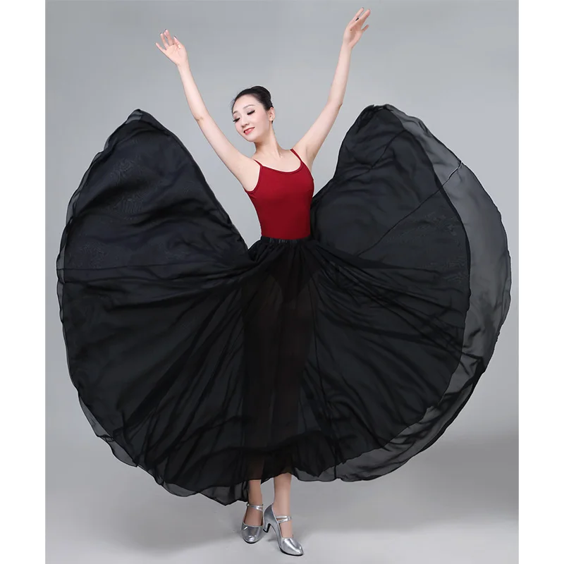 Black Женские костюмы для Фламенго, элегантные, классические, испанская коррида, юбка, сплошной шифон, для фестиваля, выступлений, большие юбки для танцев - Цвет: Black