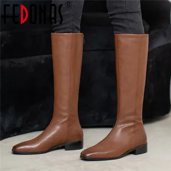 

FEDONAS Elegant Shoes Woman Heels 2020 Autumn Winter Genuine Leather Knee High Boots Back Zipper Working High Heels Warm Boots
