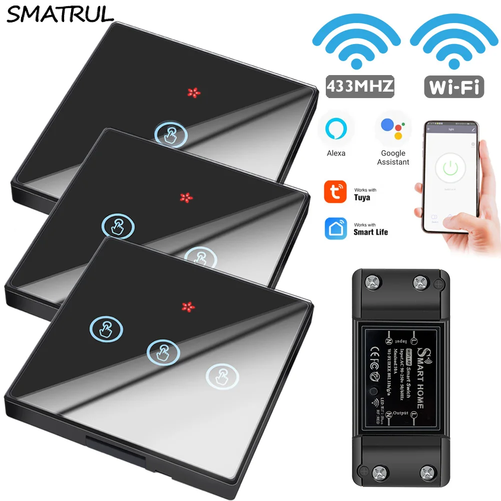 SMATRUL Tuya Aplicación de hogar inteligente WiFi táctil interruptor de RF 433Mhz Panel de pared DIY Módulo de relé temporizador Alexa zócalo de la lámpara 110-220V