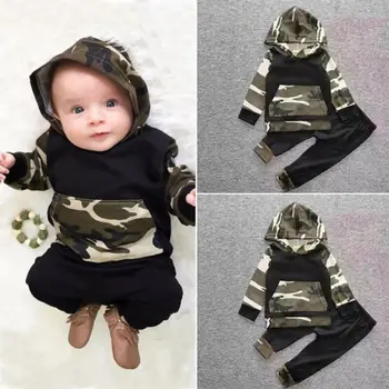 

CANIS Autumn 2Pcs Infant Baby Boy Clothes Hooded Long Sleeve Printed Patchwork Tops Sweatshirt Pants Outfit Set