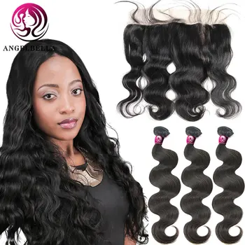 

Angelbella Natural Black Color Brazilian Human Virgin Hair Bundle Weaves 3/4 Bundles Body Wave Weft With 13x4 Closure Frontal