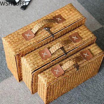

Large capacity Handmade Straw Woven Storage box Makeup Organizer Jewelry Box Clothes and debris storage box Christmas gift