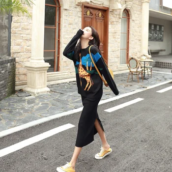 

Autumn Winter Knitted Sweater Suit Women Giraffe Jacquard Pullover Sweater+High Waist Split Skirts Set Female Long Two-piece Set