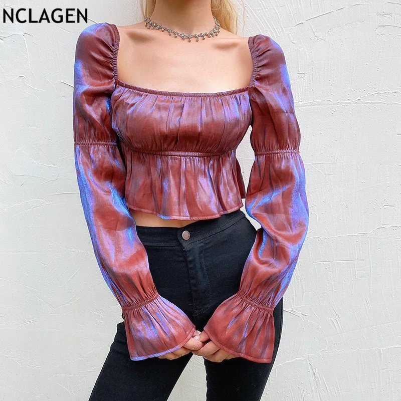 

NCLAGEN 2019 Autumn Sexy French Style Vintage Square Collar Cropped Tops Tees Women Ruched Long Puff Sleeve Aurora T Shirt
