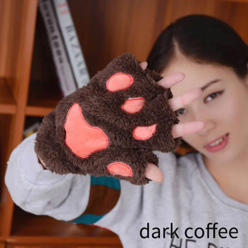 dark coffee Женские милые кошачья лапа с когтями, плюшевые варежки, зимние теплые толстые перчатки без пальцев, мягкие перчатки с когтями медведя, перчатки с когтями на пол пальца, варежки с когтями - Цвет: dark coffee