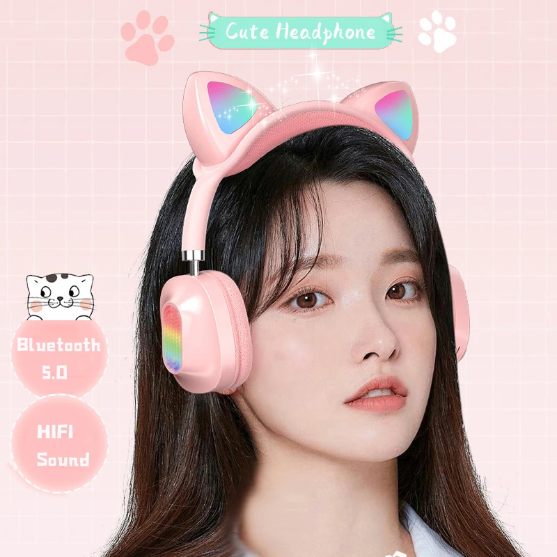 

Wireless Headphones Cat Ear with Mic Bluetooth 5.0 Glow Light Headset Stereo Bass for Children Girl PC Phone Gaming Headsets