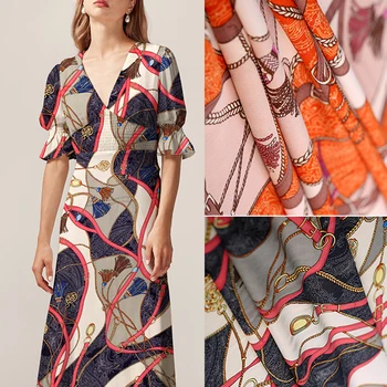

156CM Wide 220G/M Weight Print Orange Blue Polyester Fabric for Spring Summer Autumn Dress Jacket DE1261