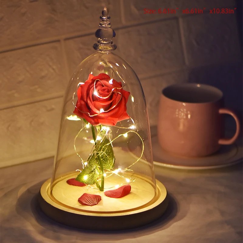 Прямая поставка, красная роза в стеклянном куполе, светодиодный светильник с деревянной основой, подарок ко дню матери Святого Валентина