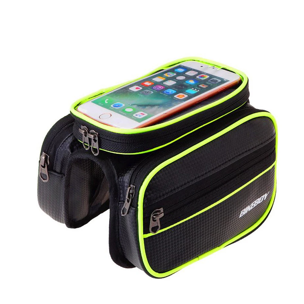 Bicycle bag top tube mobile phone front hanging Car waterproof bicycle riding bag mountain BMX folding car storage accessories - Цвет: green