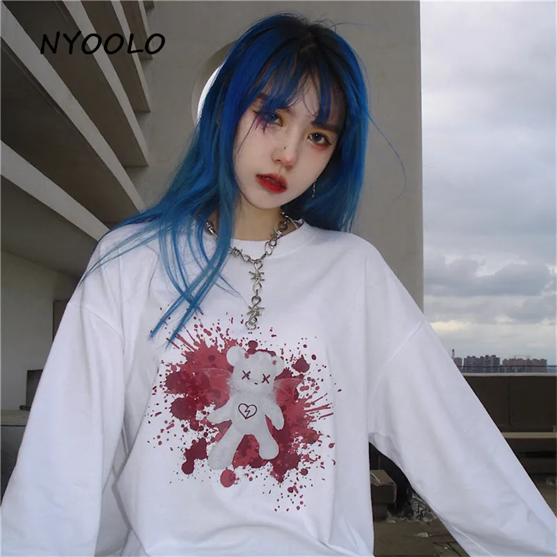 NYOOLO Harajuku дизайн кровавый медведь печати Футболка Осенняя уличная свободная футболка с длинными рукавами и круглым вырезом Женская одежда Топ тройник
