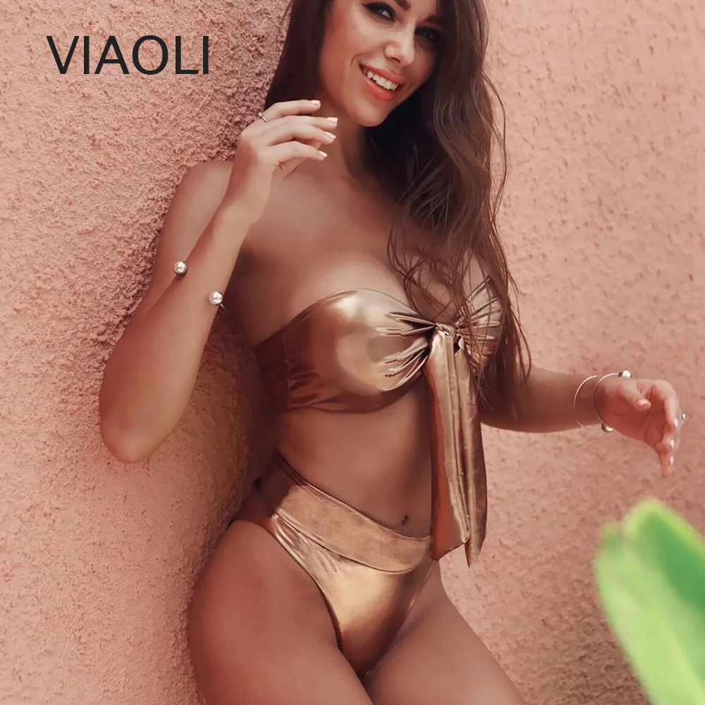 

Sexy Bikini Set Swimsuit New Women's High Waist Two-piece Split Set Solid Color Hot Stamping Fabric Thong Swimwear Bikini