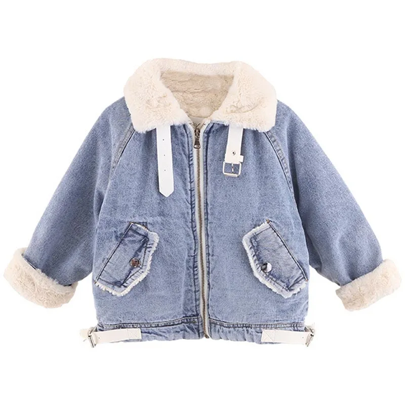 Blue Коллекция года, зимние теплые хлопковые плотные джинсовые куртки детское бархатное пальто с воротником из искусственного меха детская парка для детей возрастом от 3 до 7 лет, ветрозащитная верхняя одежда - Цвет: Blue