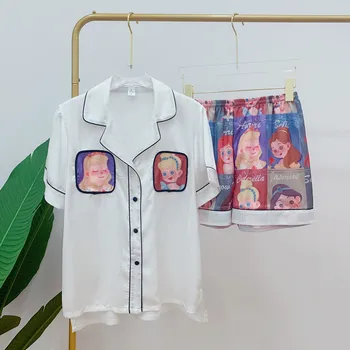 

Fiklyc Fashion New Summer Thin Princess Simulation Silk Printing Short-Sleeved Shorts Two-Piece Home Service