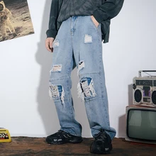 Харадзюку, рваные джинсы с широкими штанинами для мужчин, женские синие потертые джинсы, брюки с нашивками, Мужская Уличная одежда, джинсовые штаны в стиле хип-хоп