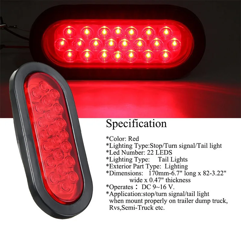 2pcs 22-LED Oval Red Stop/Turn Signal/Brake/Marker/Tail LED Light, Flush Mount for Truck Trailer Bus 12V