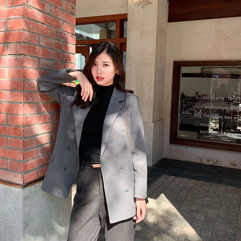 Elegant Double-breasted Women Blazer Notched Collar Work Style Female Suit Jacket Casual Brief Blazer Outerwear