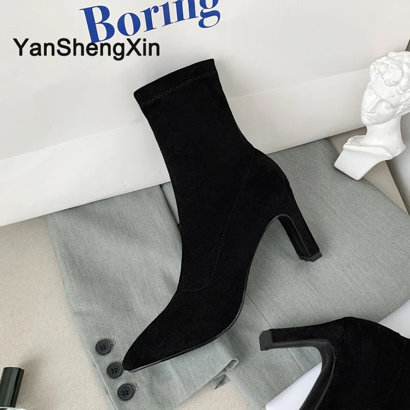 YANSHENGXIN/обувь; женские ботинки; эластичные носки; ботинки до середины икры; женская обувь с острым носком на натуральном меху; сезон осень-зима; ботинки; женские ботиночки