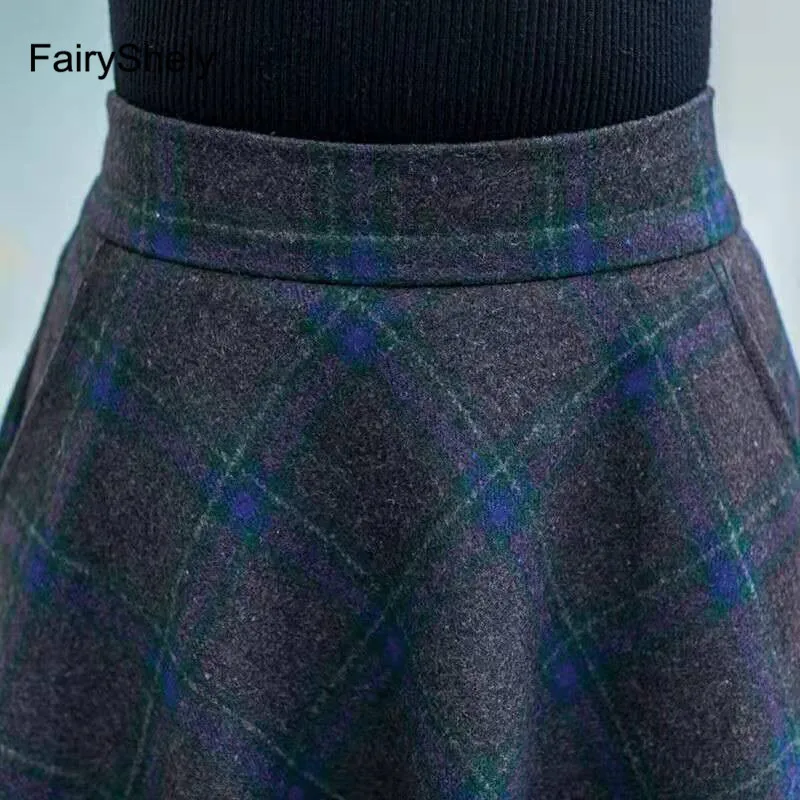 Осень-зима, юбка-зонтик с завышенной талией, юбка-трапеция, шерстяная Женская Расклешенная юбка, новое пончо, длинная юбка в клетку