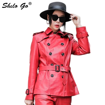 

Genuine Leather Trench Multicolor Elegant Double Breasted Wrap Belted and Cuff Coats Women Autumn Office Lady Solid Outwear Coat