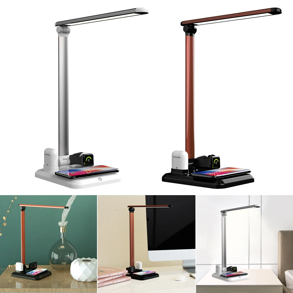 LED Table Lamp 4 In 1 Qi Wireless Charger Reading Desk Light Eye Protection Dimmer For Mobile Phone Watch Earphone Charging