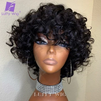 

Luffywig Short Curly Human Hair Wigs With Bangs Remy Brazilian Scalp Base Top Full Machine Made Wigs with Bang For Black Women
