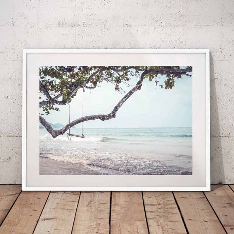 Beach-Swing-Black-White-Photography-Poster-Coastal-Decor-Beach-Sea-Side-Landscape-Painting-Wall-Art-Canvas