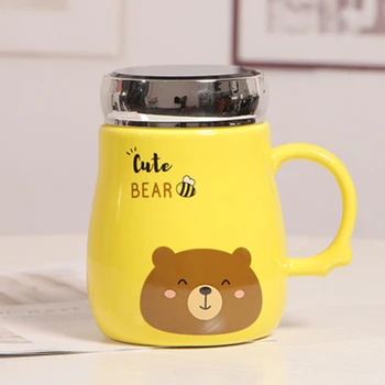 Creative Mug heat-resistant cartoon with lid cup coffee ceramic mugs children cup office girl gift - Цвет: Цвет: желтый