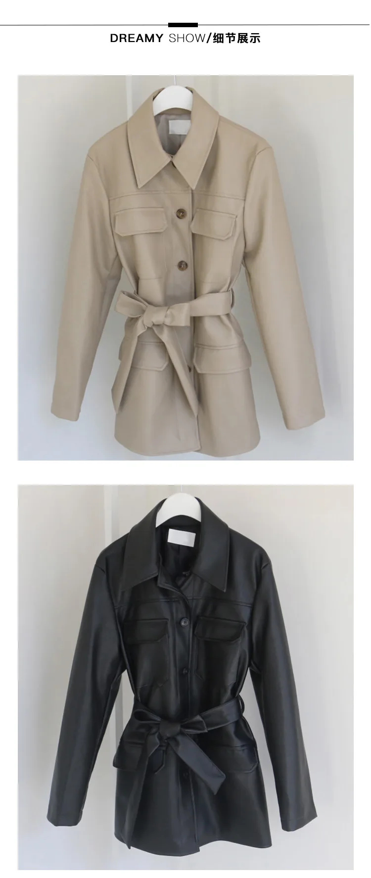 WOMENGAGA Leather Clothing Woman Autumn Long Fund Single Row Buckle Chalaza Pocket Locomotive Leisure Time Slim Coat ZX340