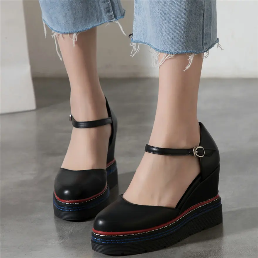 

New Women Ankle Strap Genuine Leather Platform Wedges High Heel Gladiator Roman Sandals Female Rounde Toe Summer Mary Jane Shoes