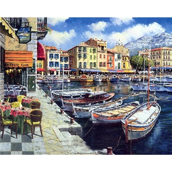 Coastal village quayside with boats paint by numbers