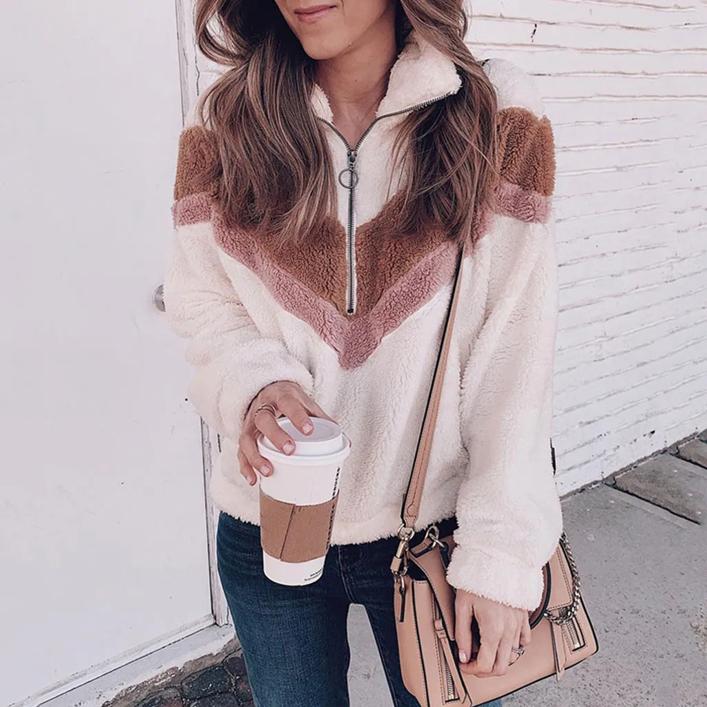 

Women Patchwork Zipper Flannel Long Sleeve Sweatshirt Pullover Lady Crop Top Hoodie Sweatshirt Pullover Tops Sudadera Mujer 2019