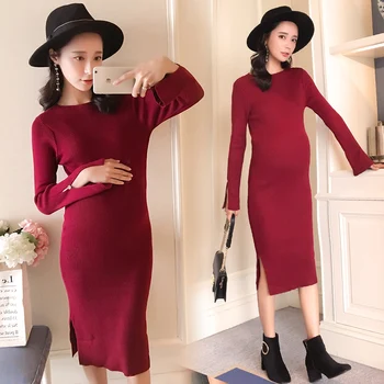

1776# Autumn Knitted Maternity Dress Bodycon Slim Elegant Clothes for Pregnant Women Side Splits Fall Pregnancy Bottoming Dress