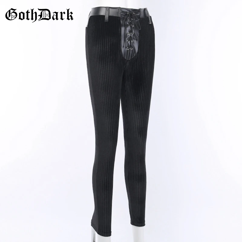 Готические темные винтажные женские штаны Gohtic, вязаные, ПУ, Осень-зима, Харадзюку, гранж-панк, женские брюки, бандажные, шикарные, с ушками