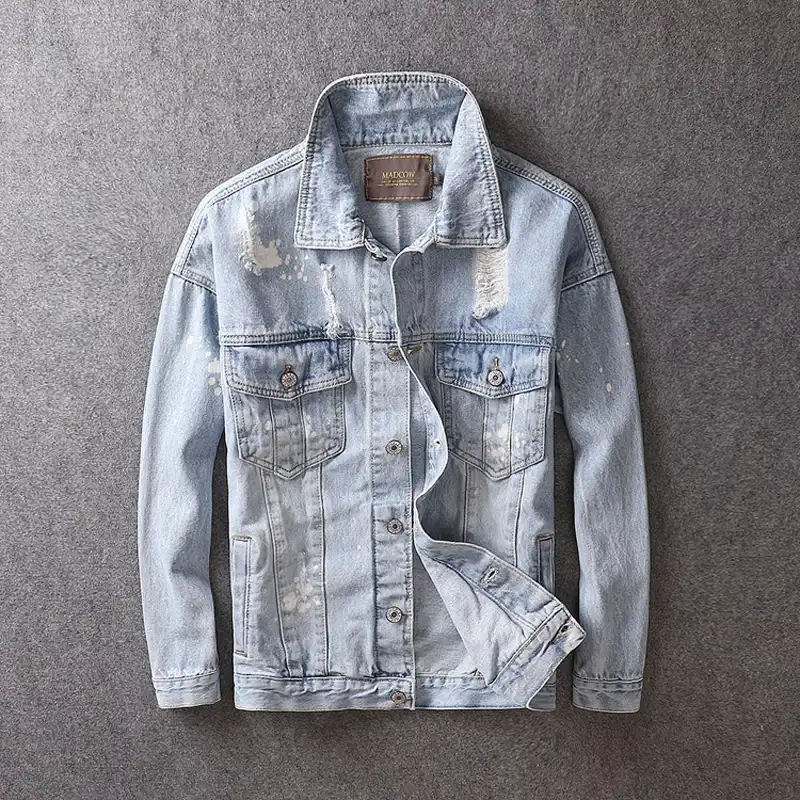 light blue ripped denim jacket mens