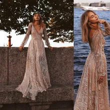 BacklakeGirls сексуальный v-образный вырез пляжный костюм с длинным рукавом платье развертки Поезд расшитое блестками длинное вечернее платье vestidos de fiesta largo