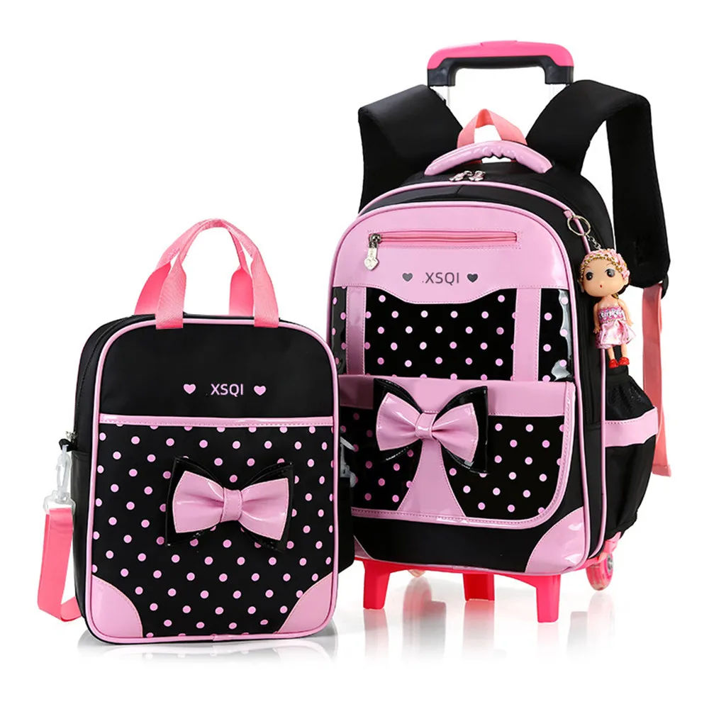 2pcs Set Rolling Princess Backpack Polka Dot Bowknot Wheeled School