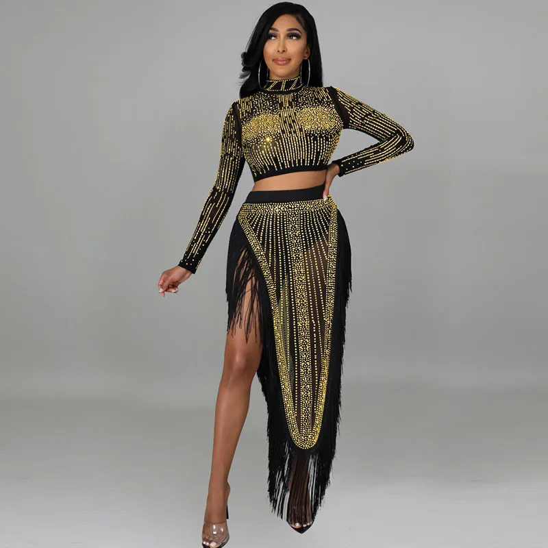 

Sparkly Rhinestone Sexy Club Outfits for Women Skirts Elegant Celebrity Crop Top and Tassel Long Skirt Dress Sets Matching Sets