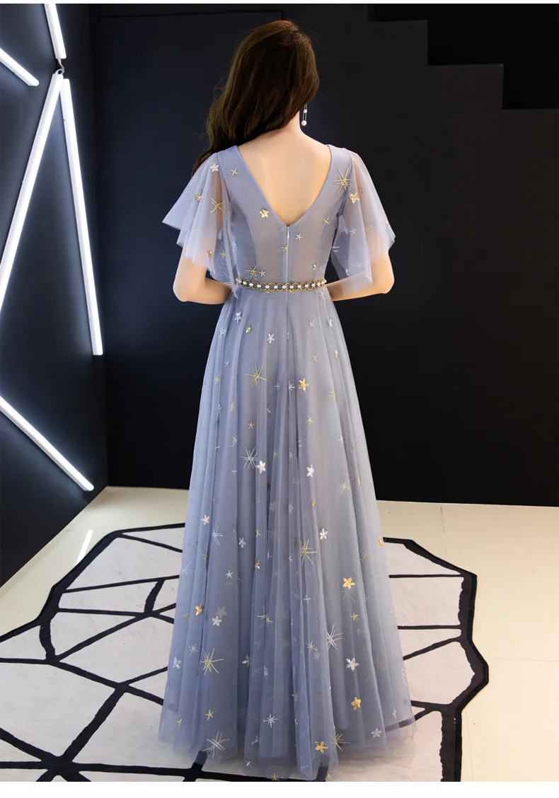 Элегантные длинные вечерние платья с вышивкой со звездами и v-образным вырезом, романтическое светло-синее женское платье, женские тонкие платья, модная одежда