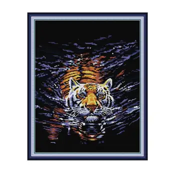 

Tiger In Water 2 Cross Stitch Patterns 14CT Printed Fabric 11CT Counted Cross Stitch Kits for Embroidery Kits DIY Needlework Set