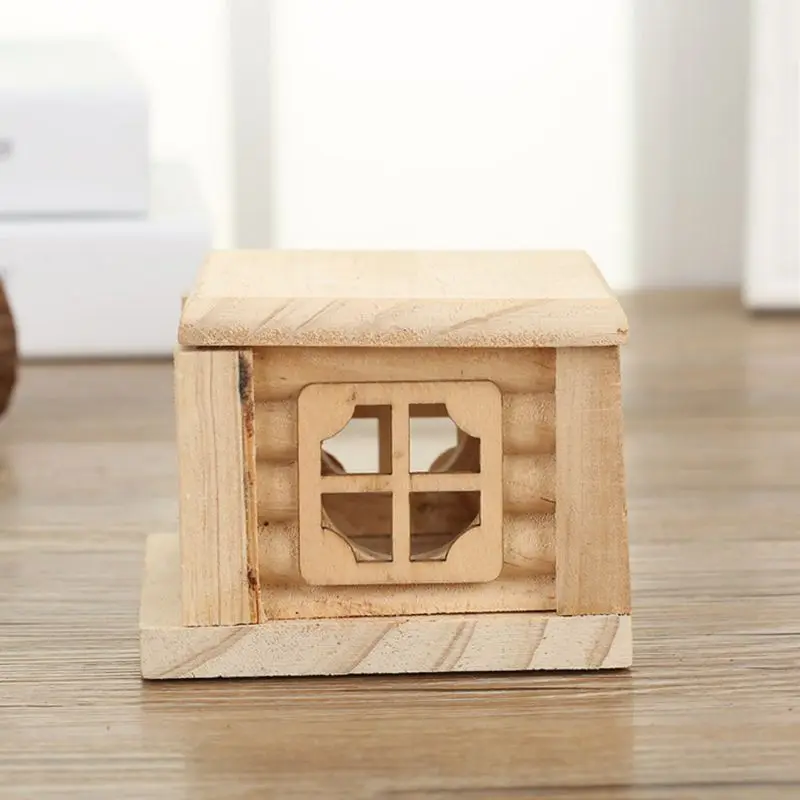Natural Wooden Hamster Mouse House Flat Top Cabin Hut Rat Cage Nest