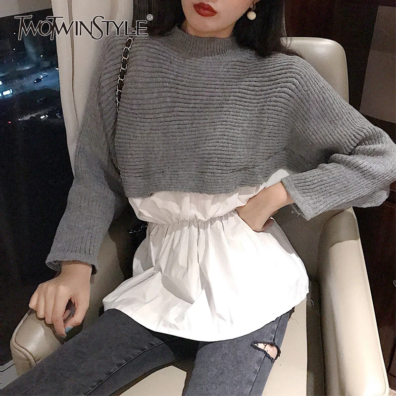 

TWOTWINSTYLE Korean Women's Sweater O Neck Long Sleeve Patchwork Hit Color Female Pullovers 2019 Autumn Oversized Fashion New