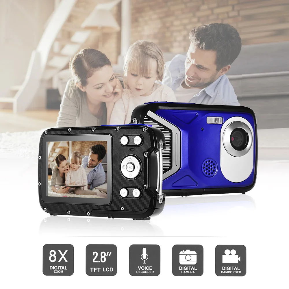 

Photography 8MP 1080P FHD Digital Camera CMOS 2.8 Inch LCD Display 8X Zoom 5M Underwater Anti-shake Face ID Rechargeable Battery